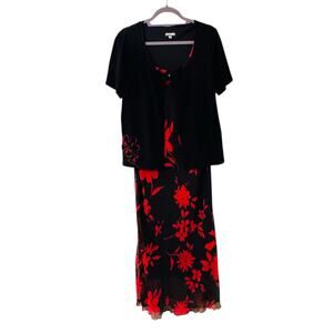 Believe... Black and Red Floral Chiffon Sleeveless Dress with Cardigan Size 14